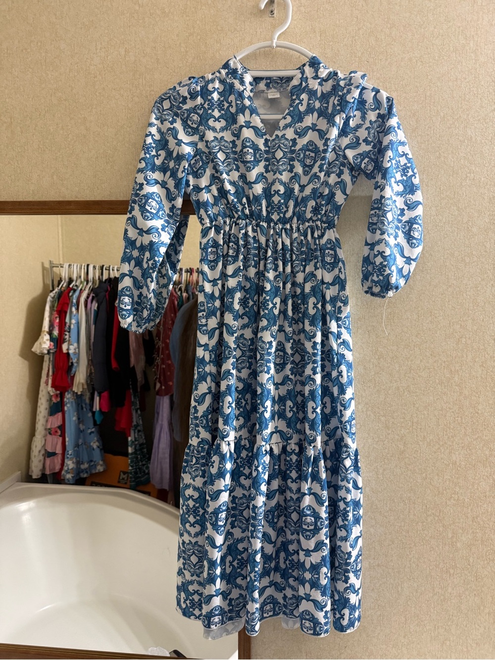 SHEIN Blue and White Long Sleeve Midi Dress